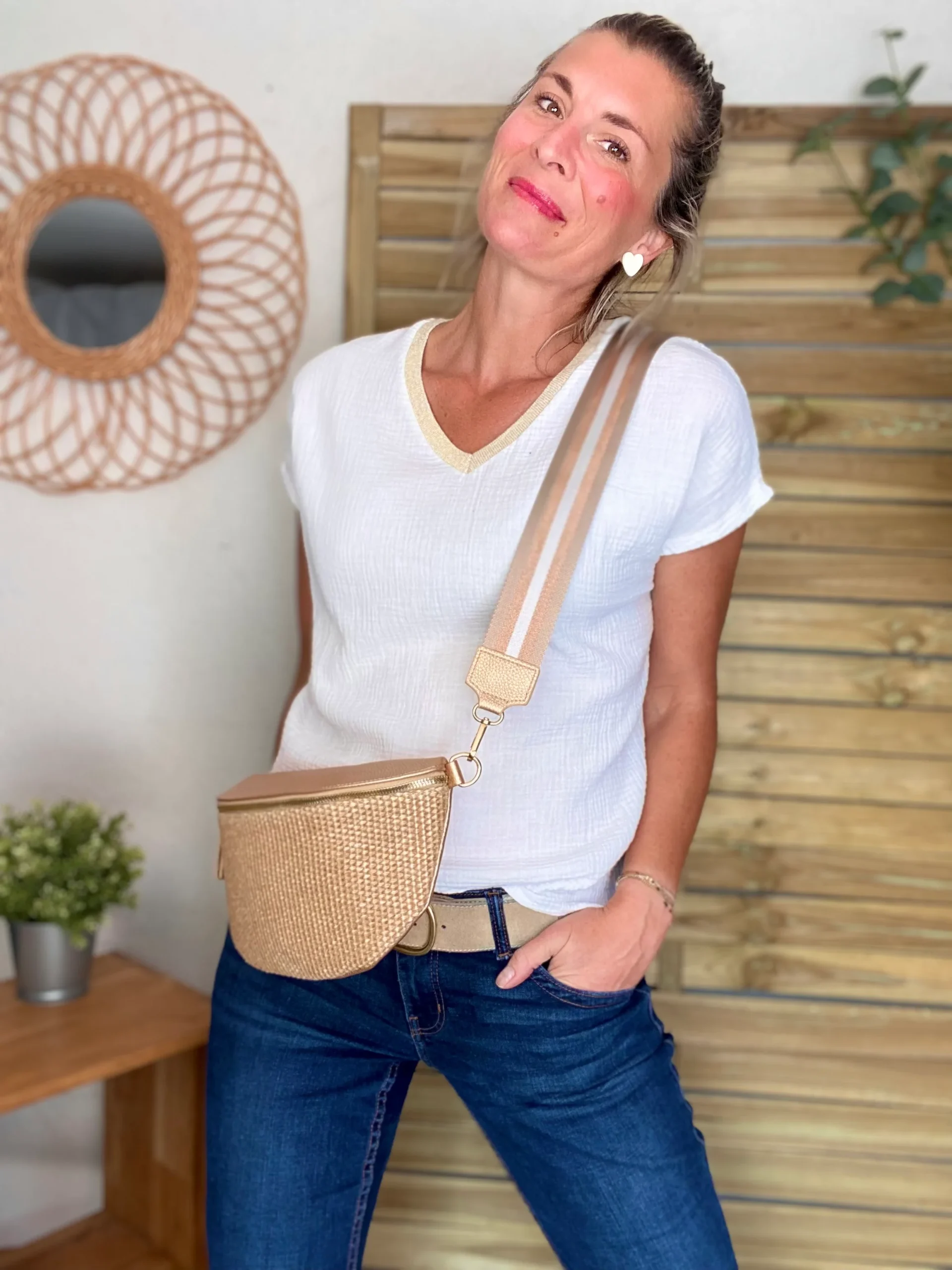 Sac banane effet paille et simili - KELLY - Champagne – Image 2