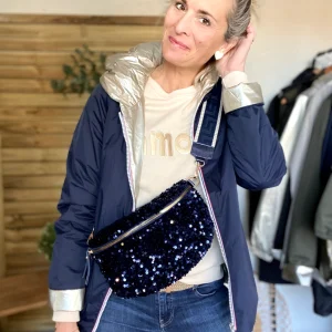 Sac banane L à sequins 30cm et sangle fantaisie - ROXY - Bleu marine