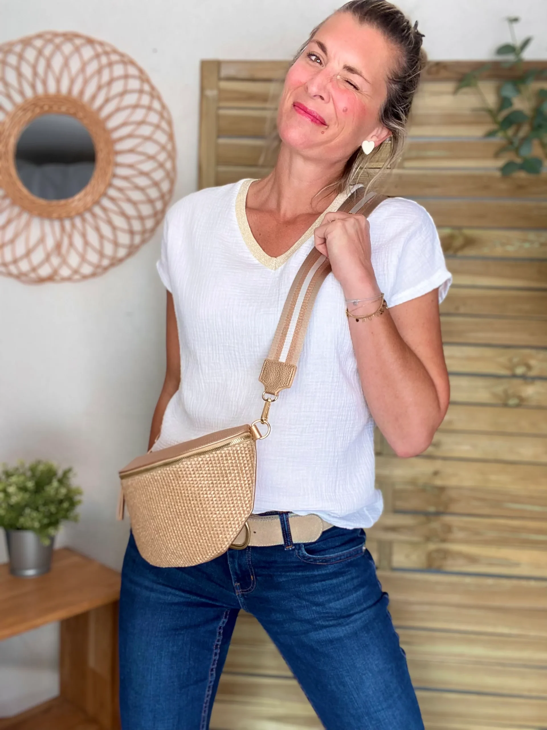 Sac banane effet paille et simili - KELLY - Champagne – Image 8