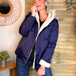 Parka Imperméable réversible fourrée Marine / Beige ALIX Court - LAURA JO