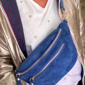 Sac banane avec poche avant, en cuir daim HOLLY - Bleu Jean