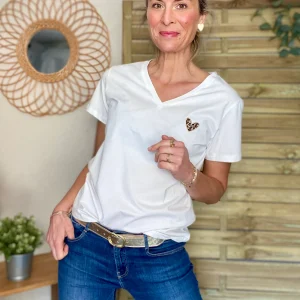 Tee shirt cœur léo brodé MAËVA 🐆 - Blanc - SOLDES
