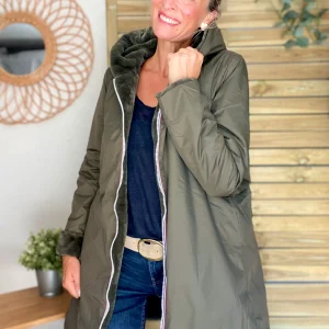 Parka Imperméable réversible fourrée Kaki / Kaki ALIX Long - LAURA JO (DÉSTOCKAGE Taille XL)