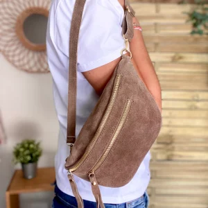 Sac banane avec poche avant, en cuir daim HOLLY - Taupe foncé (Café)