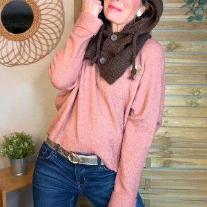 Col cagoule LORIE en maille avec bouton - Chocolat