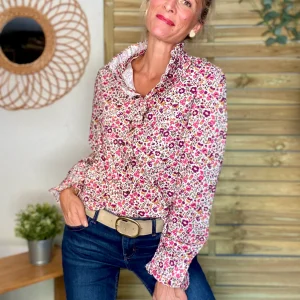 Chemise imprimé Liberty rose, col victorien volanté HÉLOÏSE - SOLDES