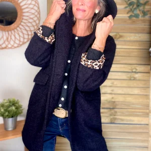 Manteau en laine EUGÉNIE avec détails Léo 🐆 - Noir