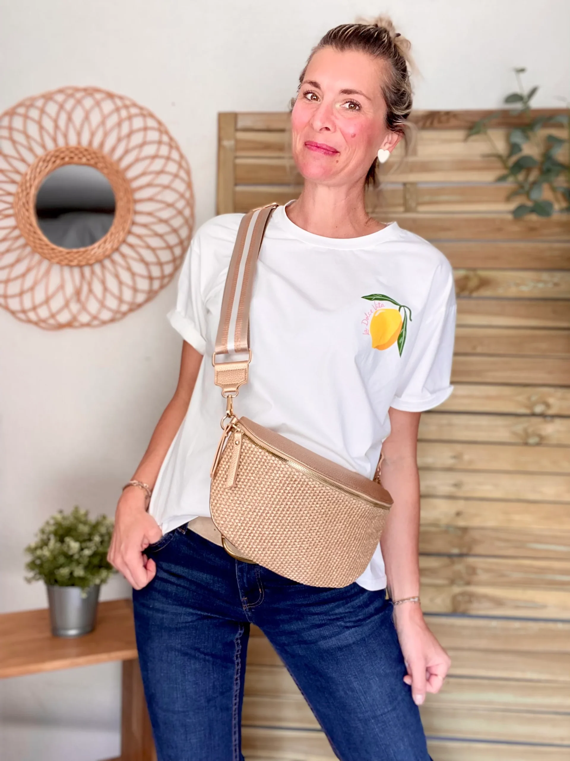 Sac banane effet paille et simili - KELLY - Champagne – Image 4