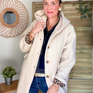 Manteau laine AGATHE avec détails Léo (étoile capuche) - Beige