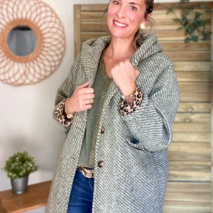 Manteau laine AGATHE avec détails Léo (étoile capuche) - Kaki