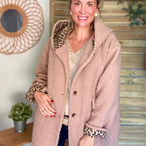 Manteau sherpa (bouclette) APOLLINE avec détails Léo - Beige - SOLDES