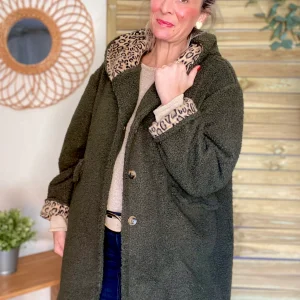 Manteau sherpa (bouclette) APOLLINE avec détails Léo - Kaki - SOLDES
