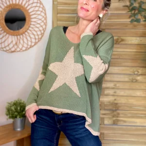 Pull Oversize col V étoiles dorées ⭐️ ALMA - Vert tilleul - SOLDES