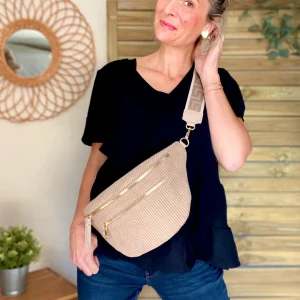 Sac banane XL en velours côtelé 2 zips et sangle fantaisie - WENDY - Taupe