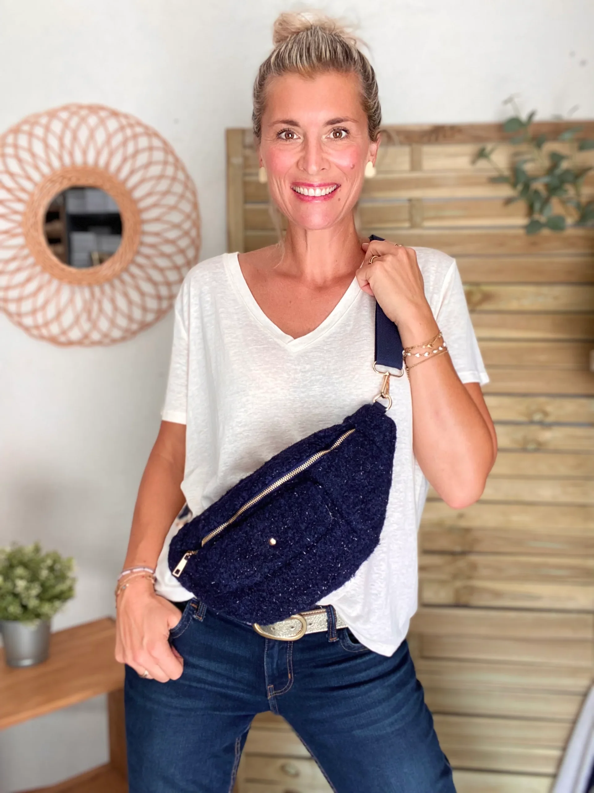 Sac banane XL moumoute lurex avec poche avant - CHELSEA - Marine