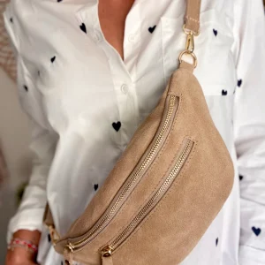 Sac banane avec poche avant, en cuir daim HOLLY - Beige taupe