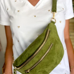 Sac banane avec poche avant, en cuir daim HOLLY - Kaki