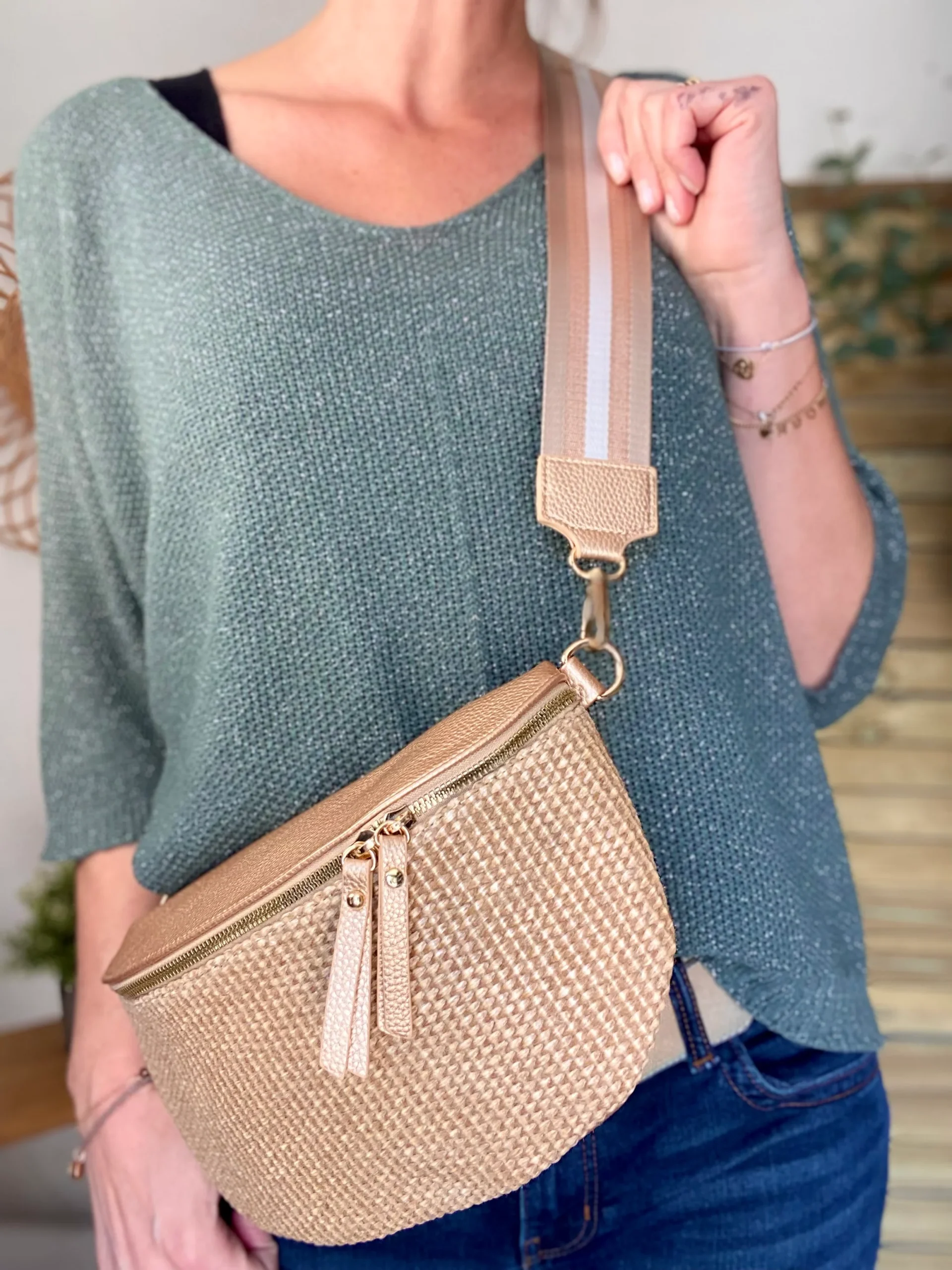 Sac banane effet paille et simili - KELLY - Champagne