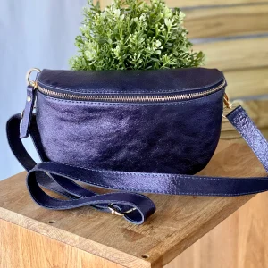 Sac banane en cuir irisé 24cm ROMY bleu marine (12 coloris)
