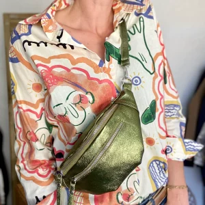 Sac banane en cuir irisé double poche - OPALE - Kaki