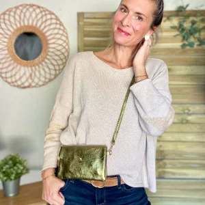 Sac bandoulière / Pochette en cuir irisé - BETTY - Kaki - SOLDES
