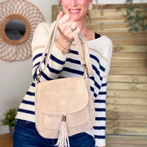Sac bandoulière en cuir daim HORTENSE - Beige