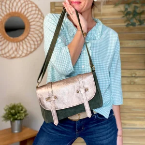 Sac bandoulière en cuir daim et irisé ESMÉE - Bronze / Kaki