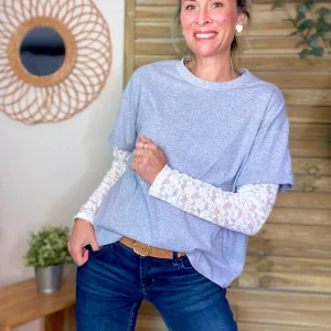 Tee shirt avec manches longues dentelle PAMELA - Gris - SOLDES
