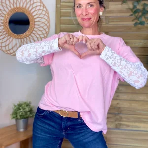 Tee shirt avec manches longues dentelle PAMELA - Rose - SOLDES