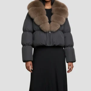 Blouson en fourrure renard à col marron