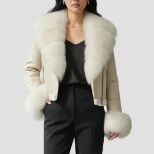 Blouson fourrure femme court crème