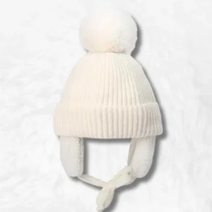 Bonnet Cache Oreille Blanc à Pompon pour Enfant !