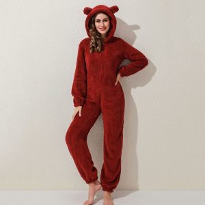 Combinaison pyjama femme en polaire moelleuse avec capuche à oreille