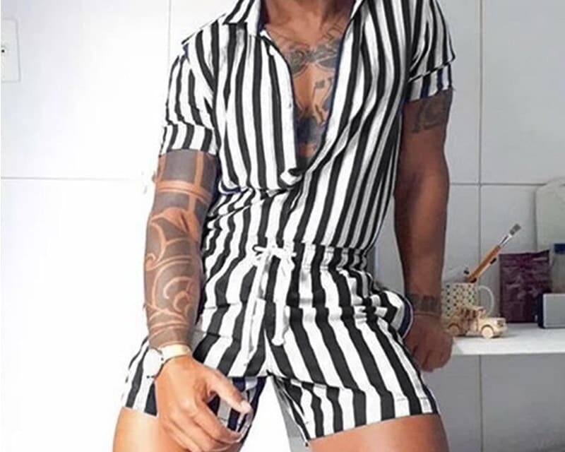 Combinaison rayée avec manches courtes pour hommes – Image 2