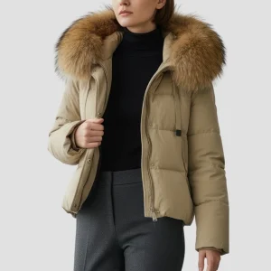 Doudoune à capuche en fourrure femme kaki