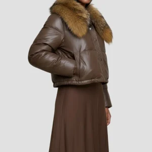 Doudoune courte en fourrure femme marron