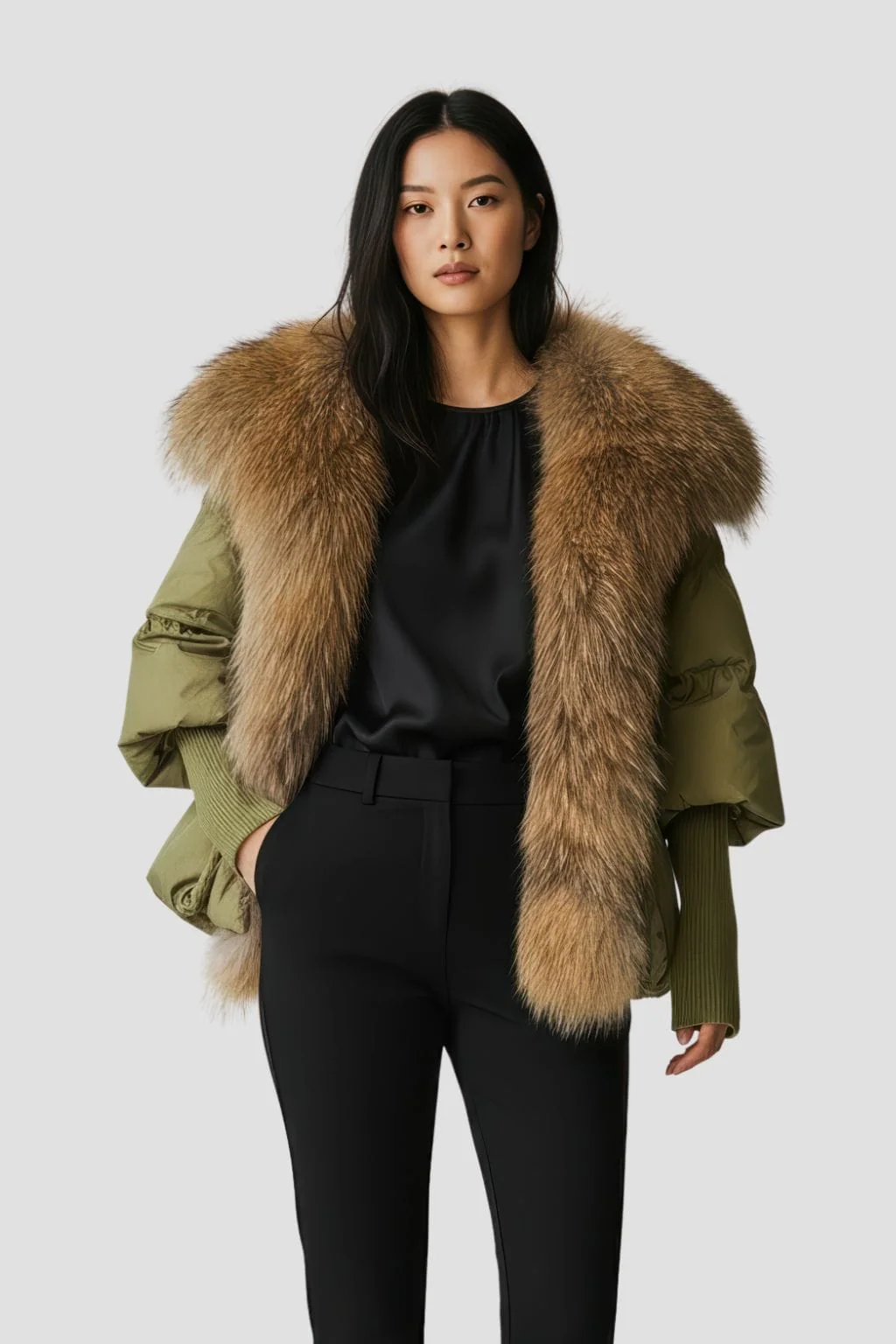 Doudoune femme fourrure kaki