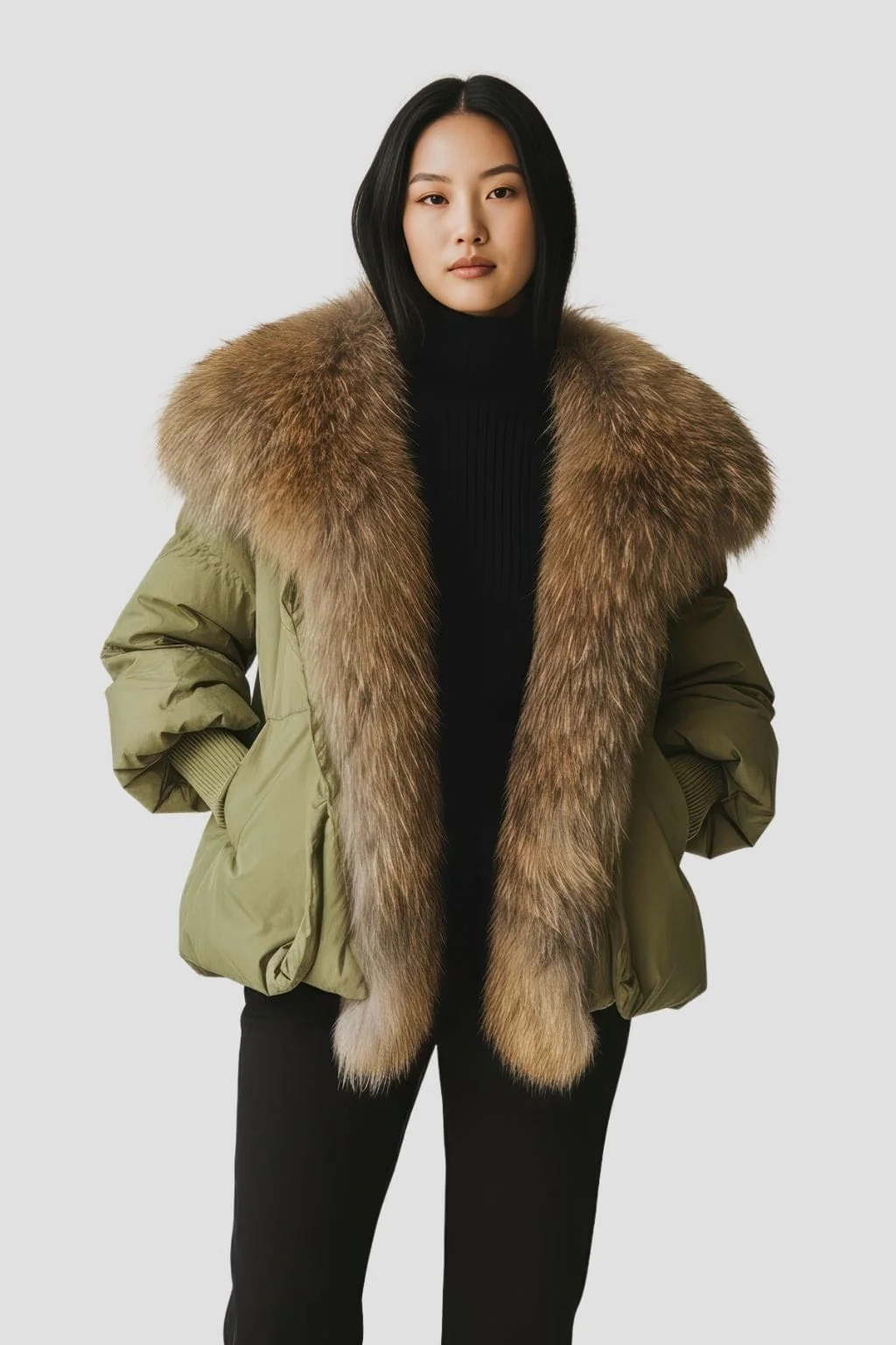 Doudoune femme fourrure kaki – Image 2