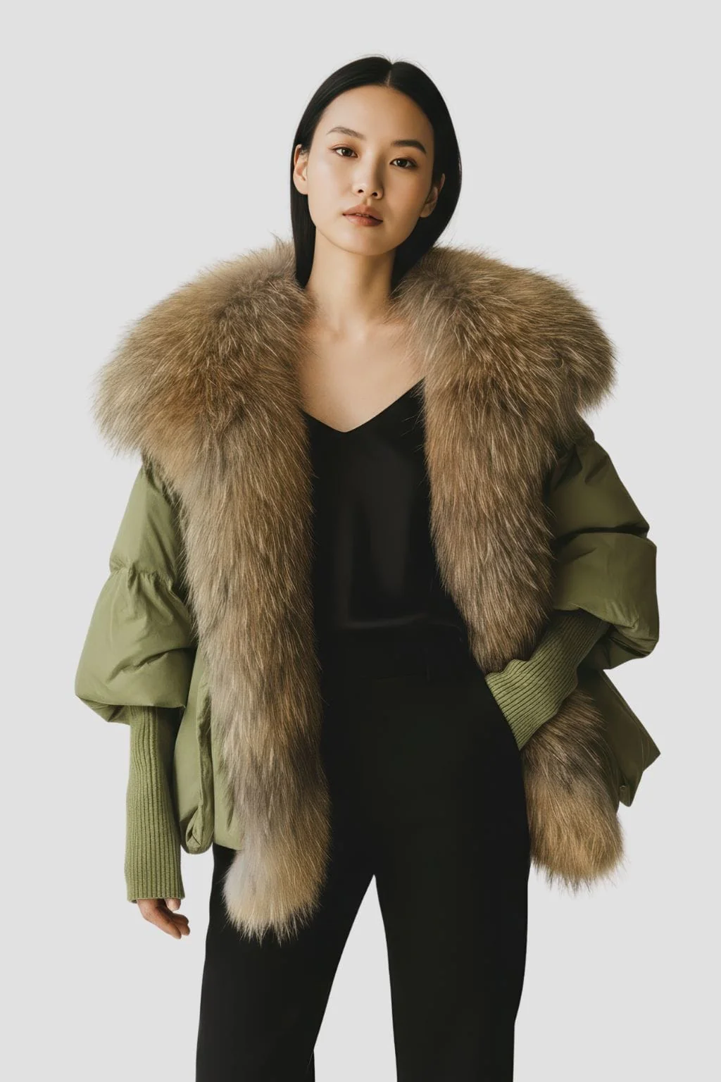 Doudoune femme fourrure kaki – Image 3