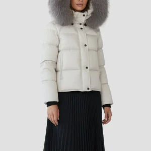 Doudoune mi longue à fourrure femme gris