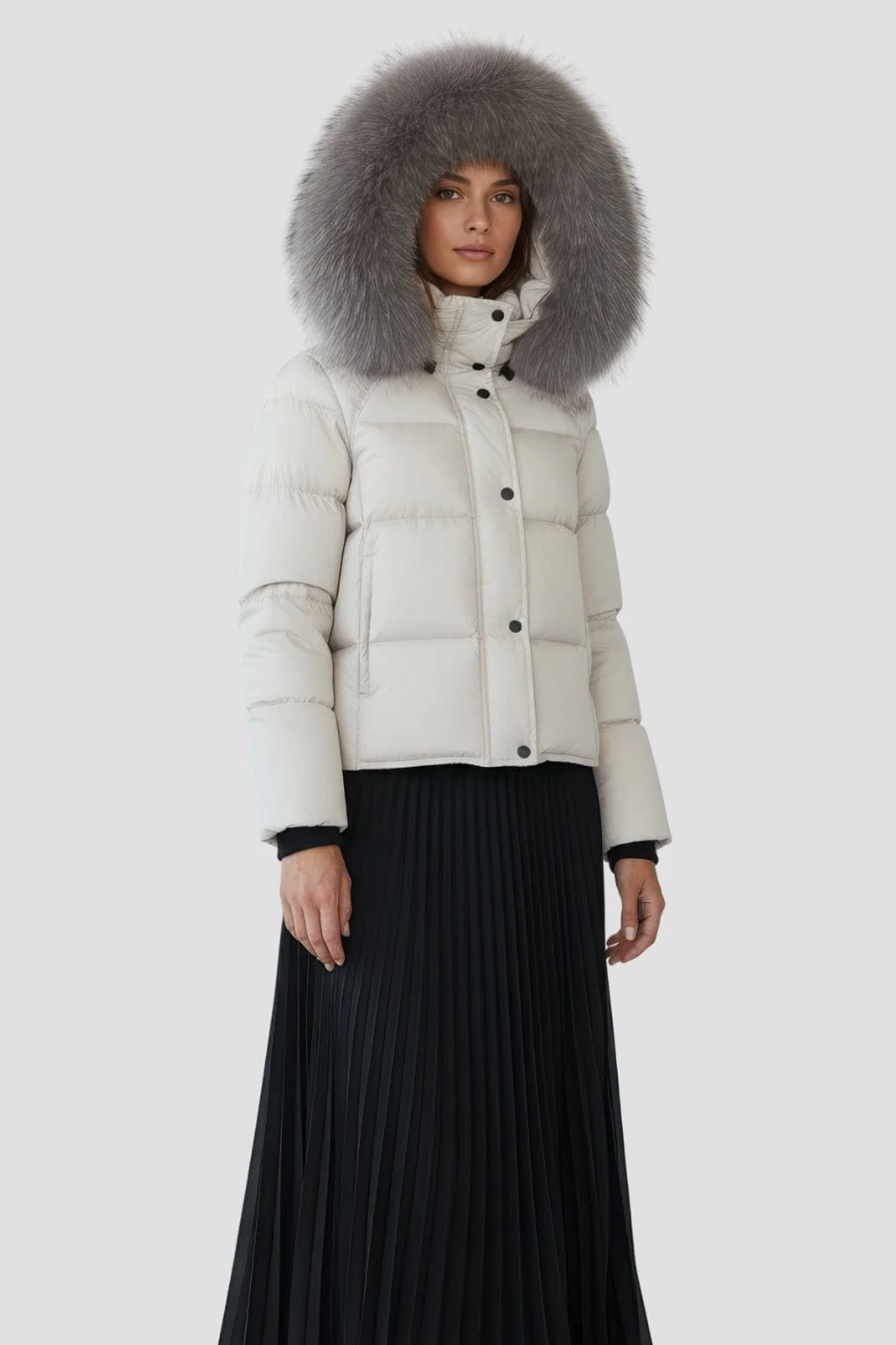 Doudoune mi longue à fourrure femme gris