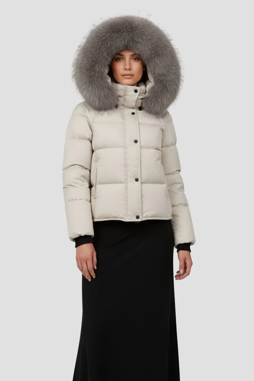 Doudoune mi longue à fourrure femme gris – Image 2