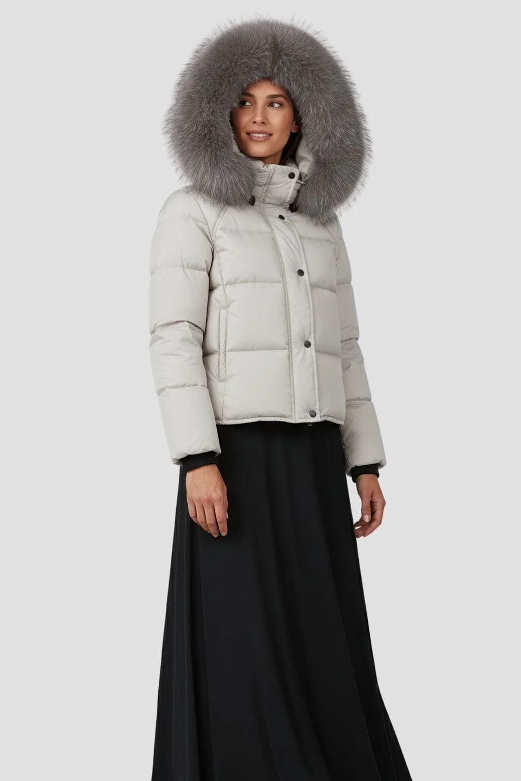 Doudoune mi longue à fourrure femme gris – Image 4