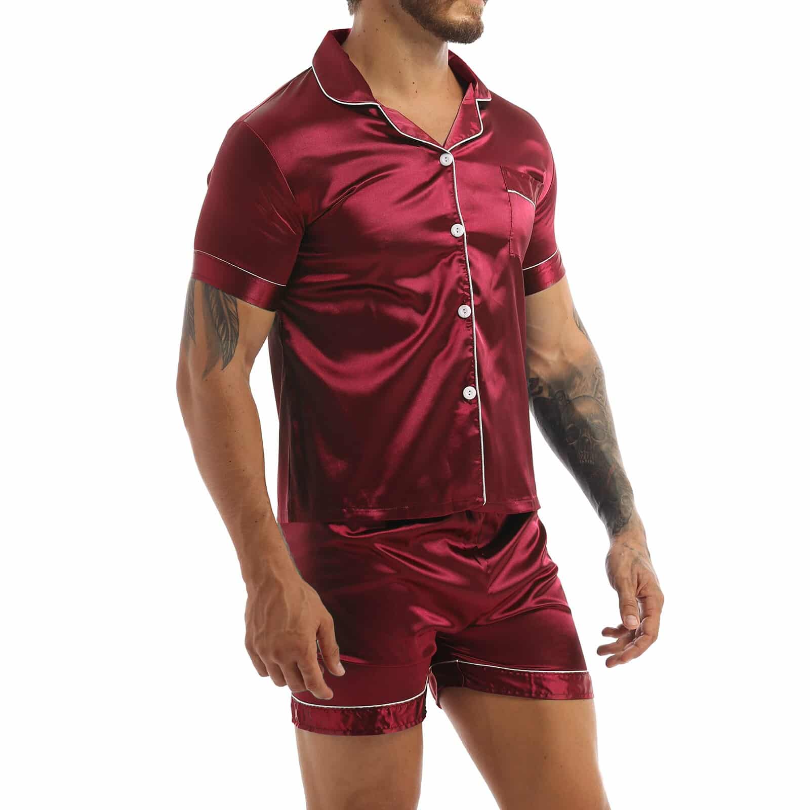 Ensemble pyjama rouge short et chemise en Satin soyeux pour hommes – Image 2