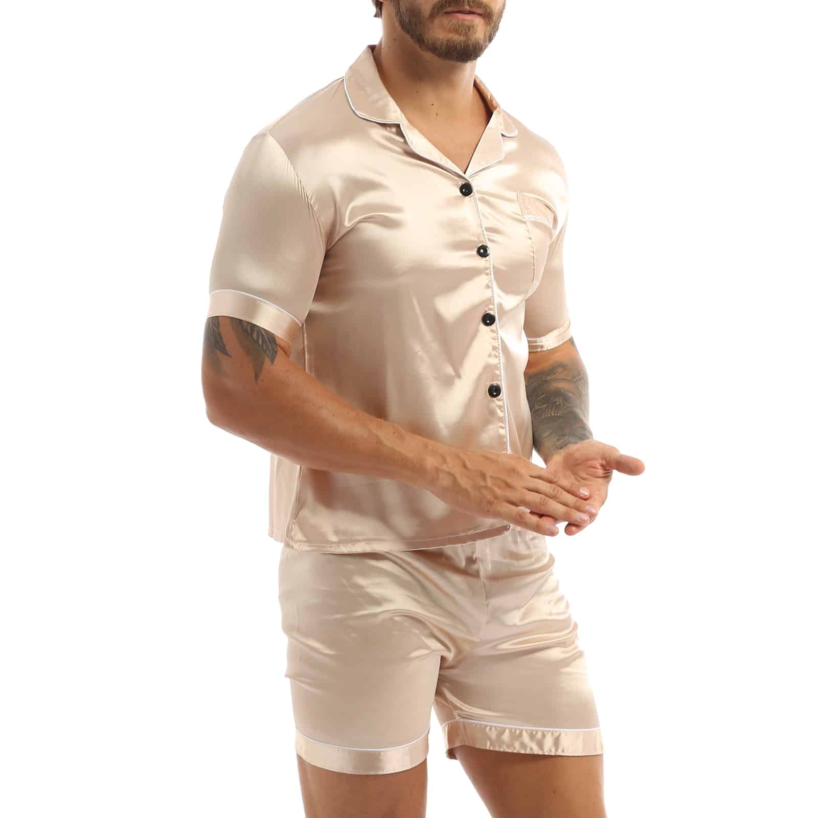Ensemble pyjama beige short et chemise en Satin soyeux pour hommes – Image 2