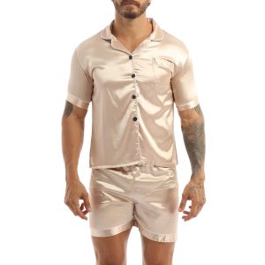 Ensemble pyjama beige short et chemise en Satin soyeux pour hommes