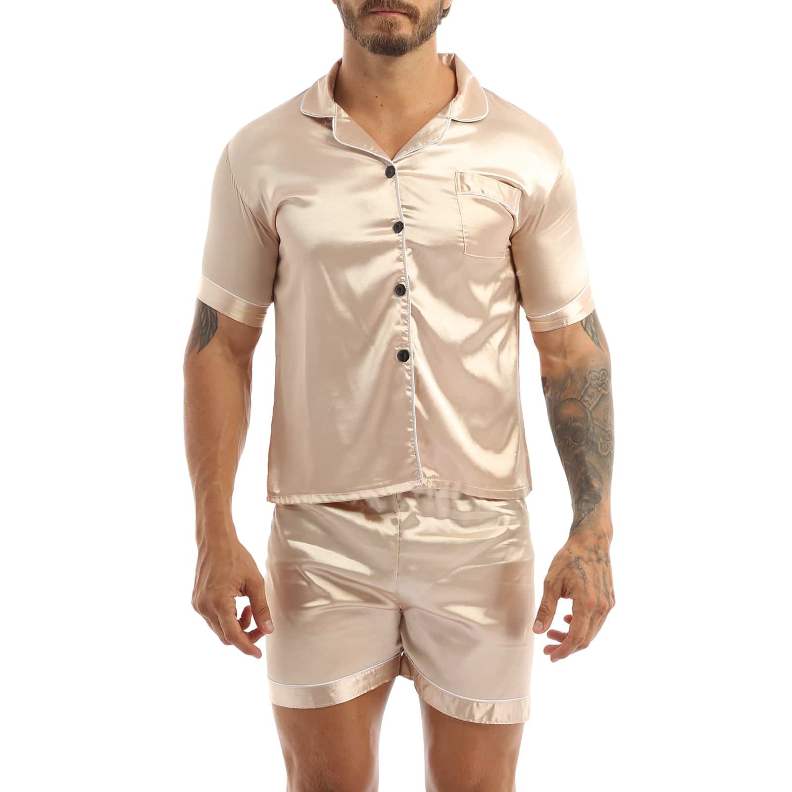 Ensemble pyjama beige short et chemise en Satin soyeux pour hommes