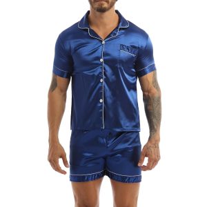 Ensemble pyjama bleu short et chemise en Satin soyeux pour hommes