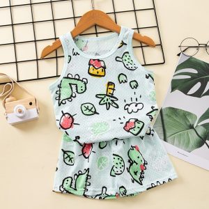 Ensemble pyjama d’été en coton vert à motif pour enfants
