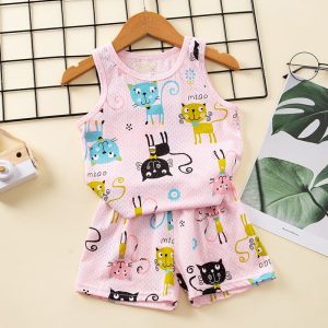 Ensemble pyjama d’été en coton motif chat pour enfants